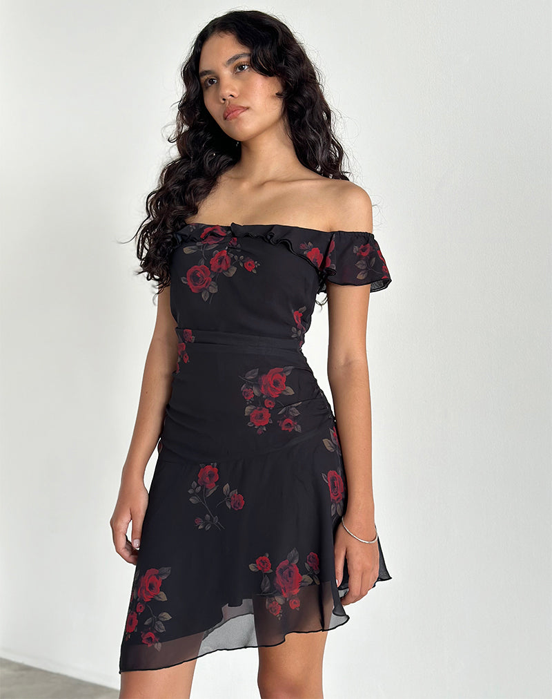 Ursula Bardot Mini Dress in Nero Vintage Rose