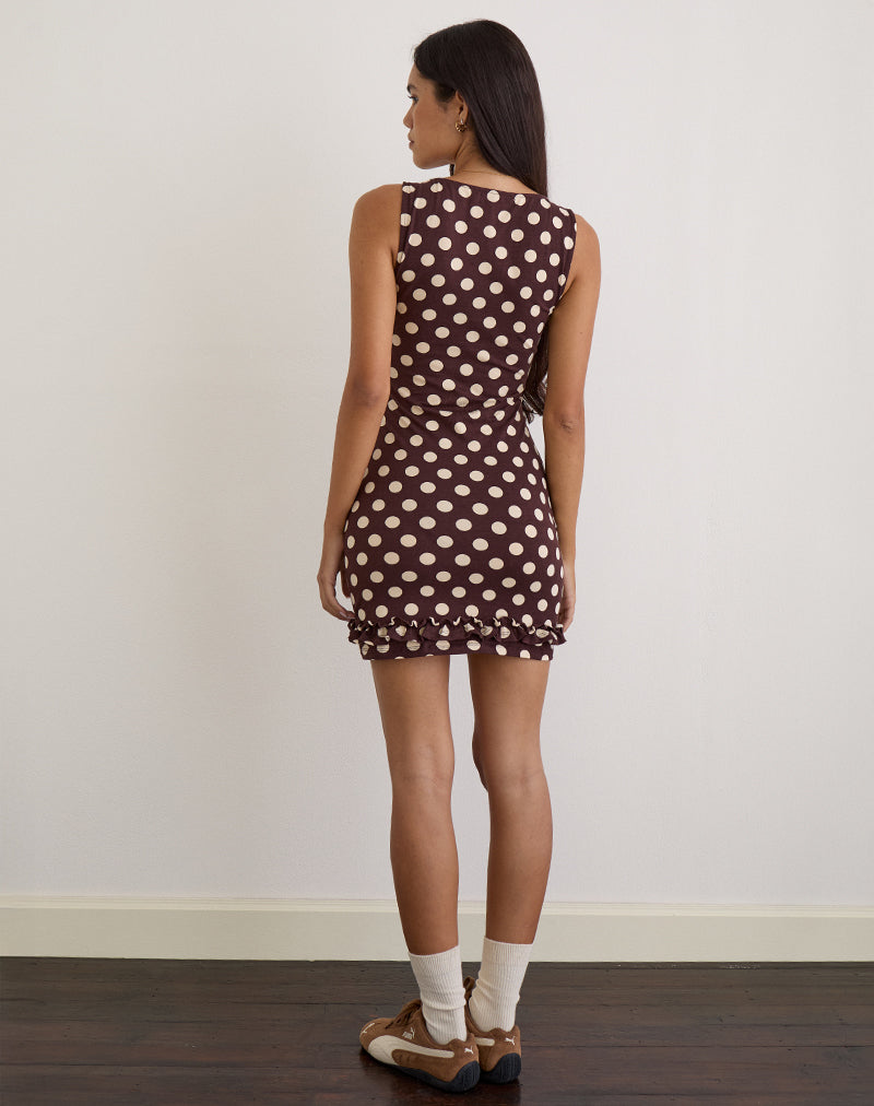 Immagine di Vadora Frill Hem Mini Dress in marrone con grandi pois crema