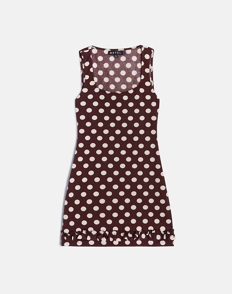 Mini abito con orlo a balze Vadora in marrone con grandi pois crema