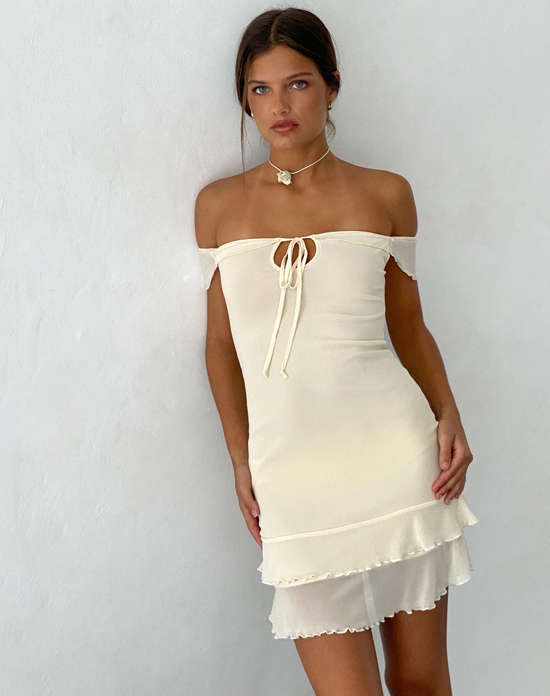 Immagine di Valory, mini abito Bardot in maglia avorio