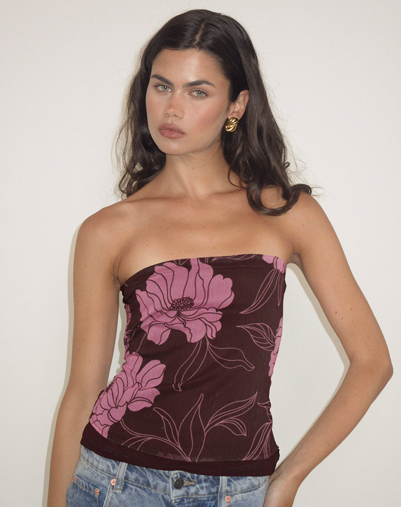 Top a fascia Varsha in rosa marrone floreale flare