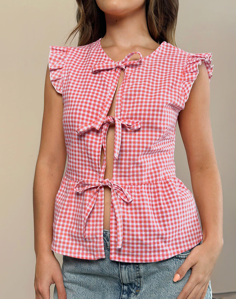 Vataka - Top con laccetti sul davanti in mini gingham - pesca