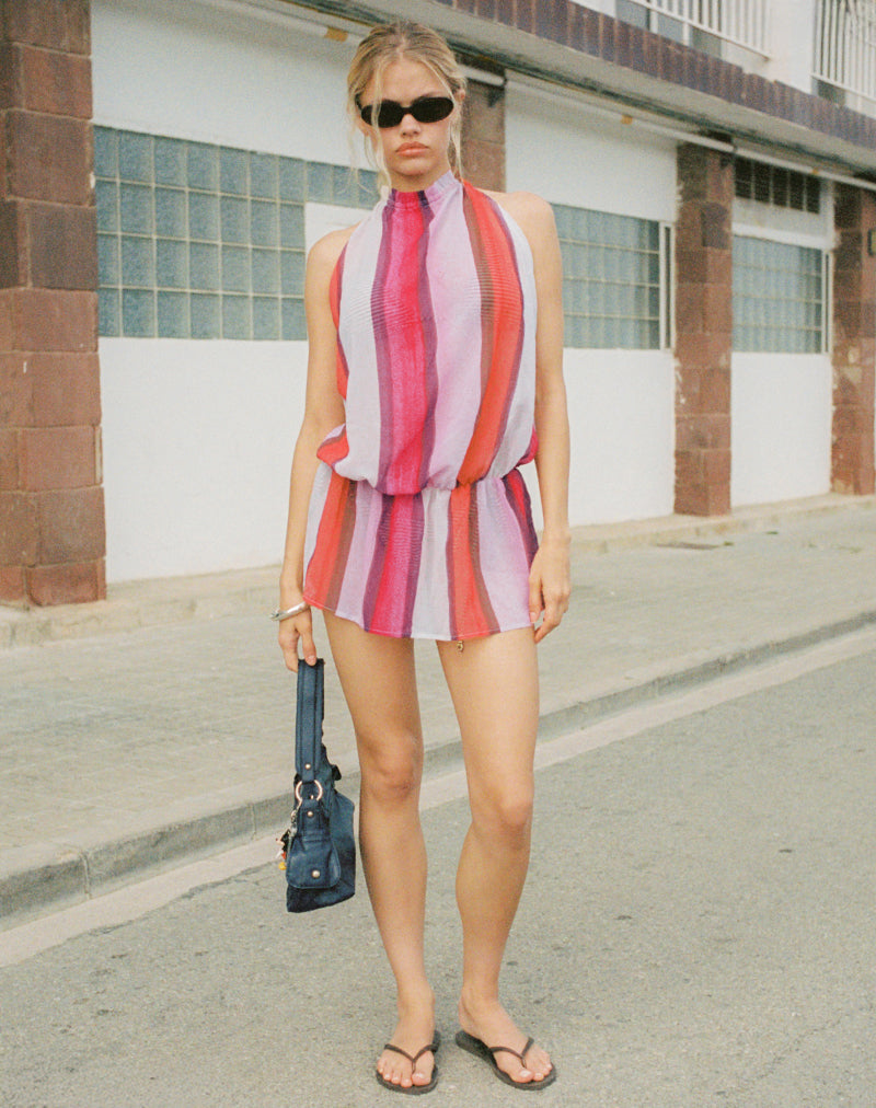 Mini abito Veloria a collo alto in chiffon rosa dipinto a righe