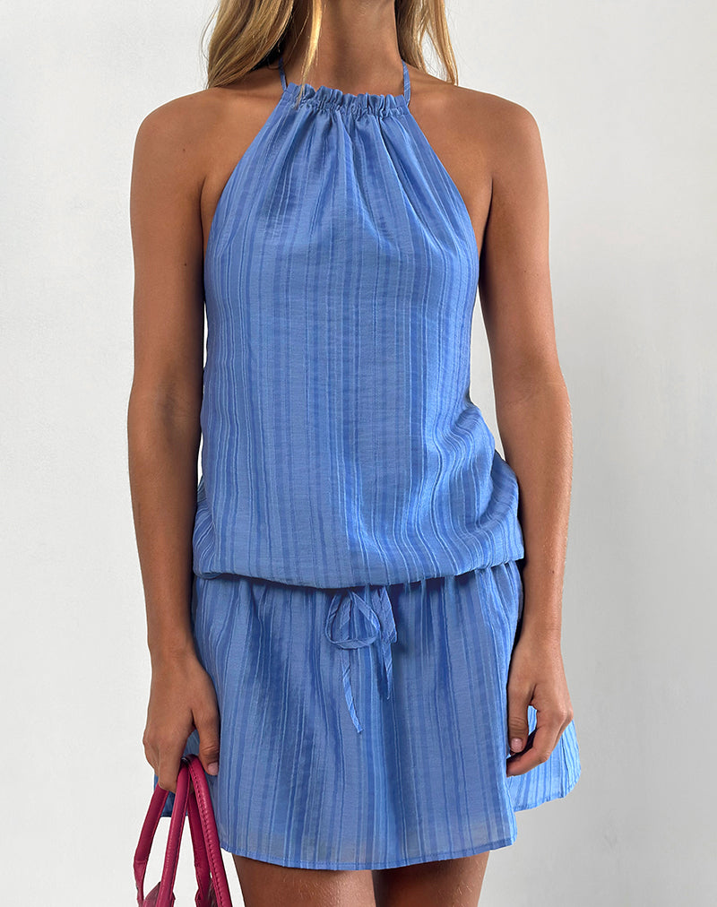 Mini abito Veloria a collo alto in chiffon blu a righe dipinte