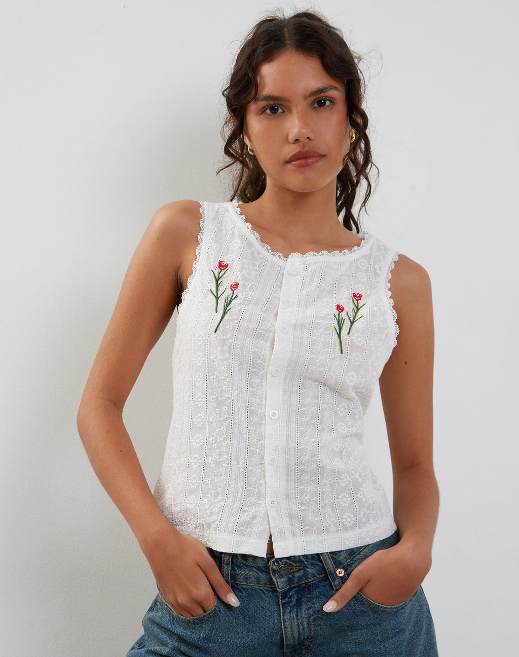 Vezia Broderie Top senza maniche in bianco con ricamo di rose