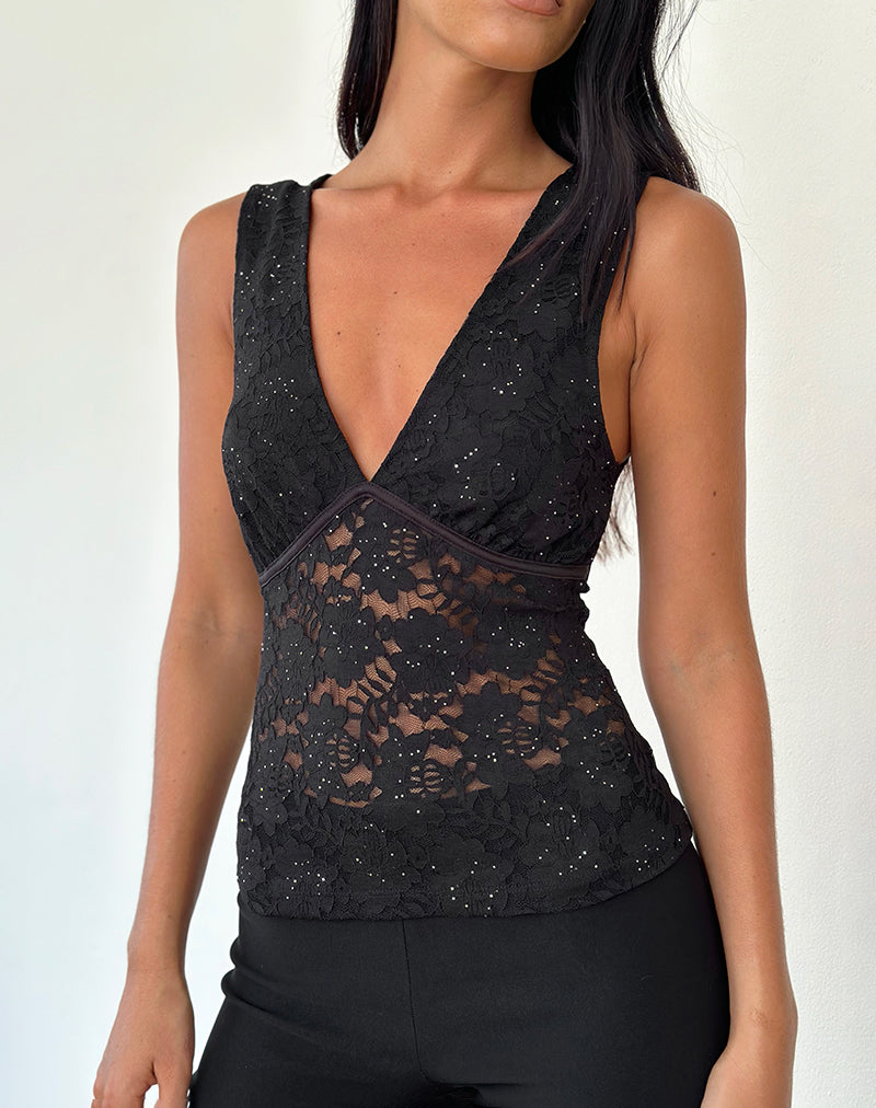 Top Vishata in pizzo nero con paillettes