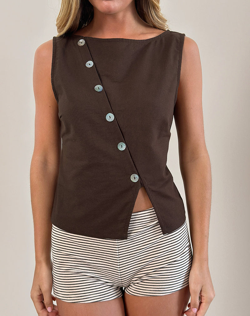 Top asimmetrico con bottoni Vonne in marrone cioccolato
