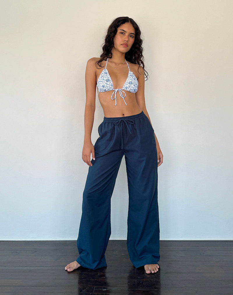 Pantalone Wasic in lino a gamba larga in blu scuro