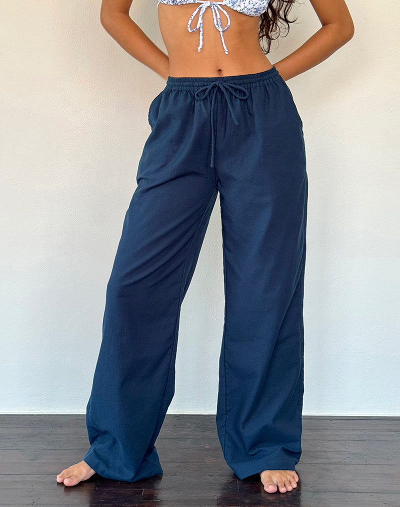 Pantalone Wasic in lino a gamba larga in blu scuro