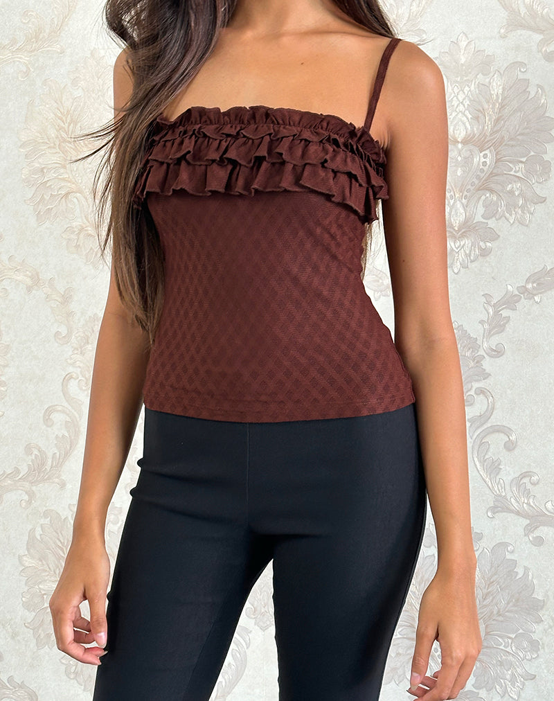 Top Wendy con volant in maglia argyle marrone