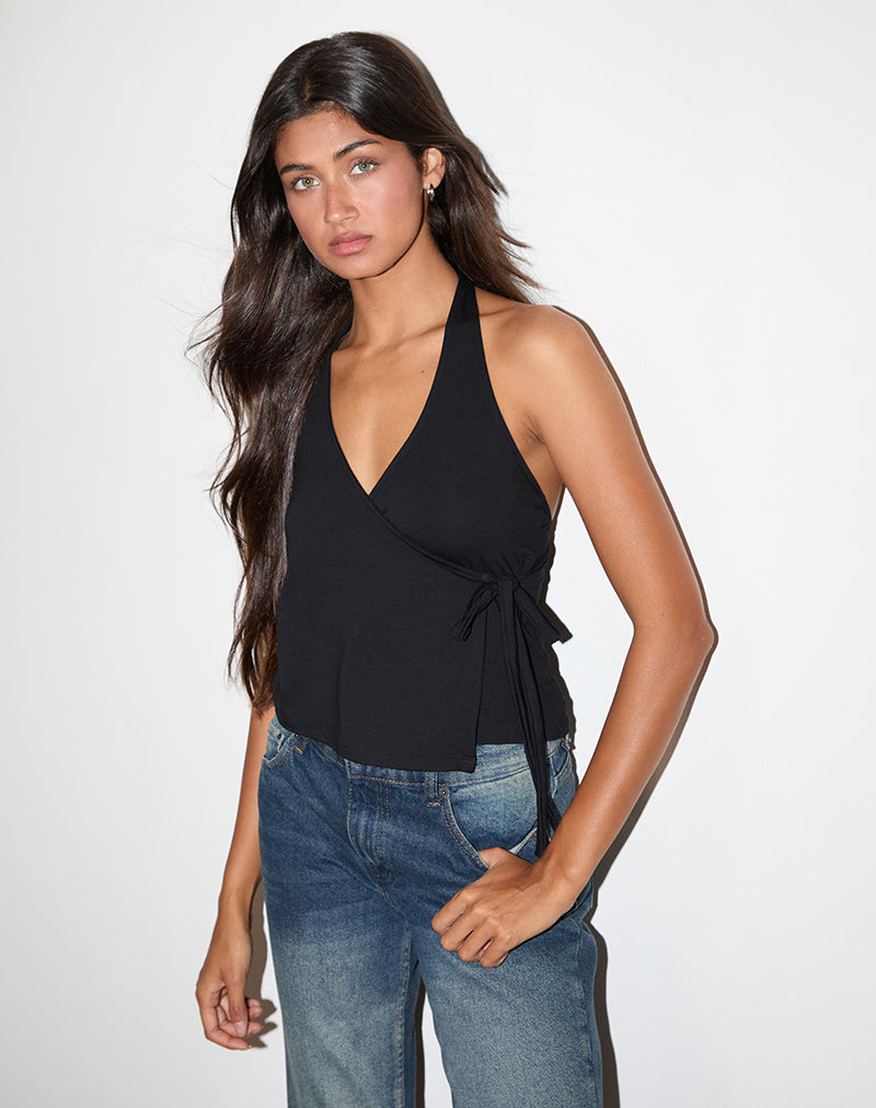 Top Wisty con scollo a farfalla in jersey nero