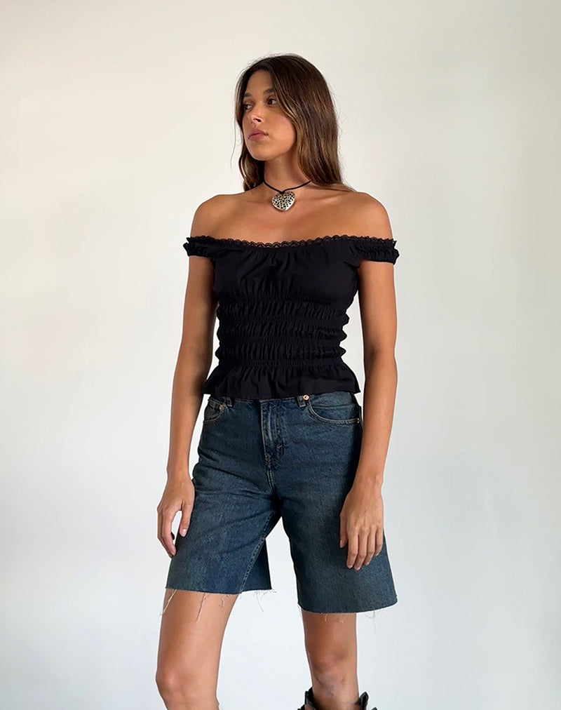 Immagine di Xavinia Top Bardot arricciato in popeline nero