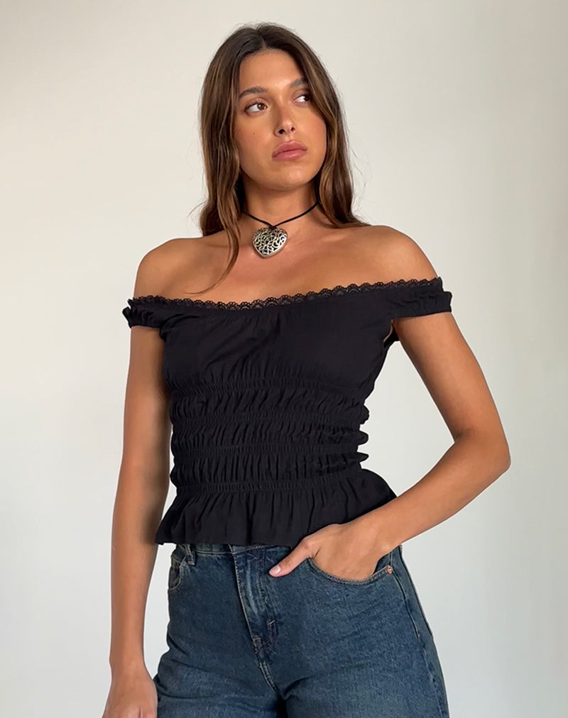 Immagine di Xavinia Top Bardot arricciato in popeline nero