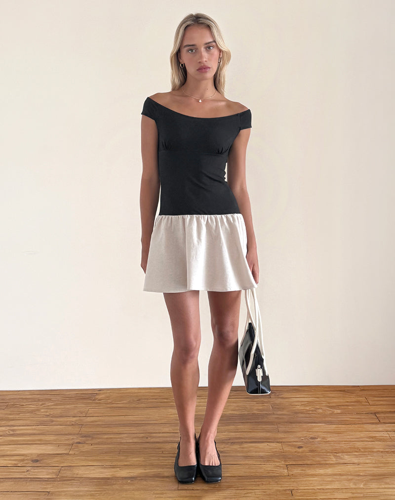 immagine di Yael Mini Dress in lino lycra nero ed ecrù