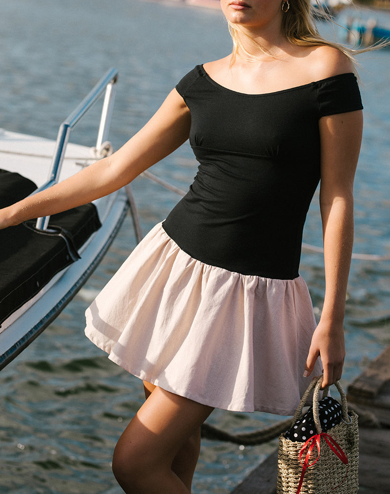 Mini abito Yael in lino lycra nero e ecru