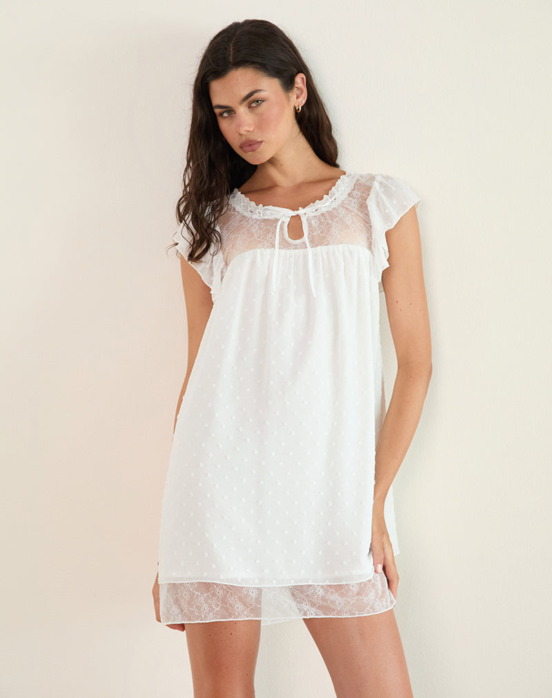 Yagis Smock Mini Abito in Chiffon Dobby Pizzo Bianco