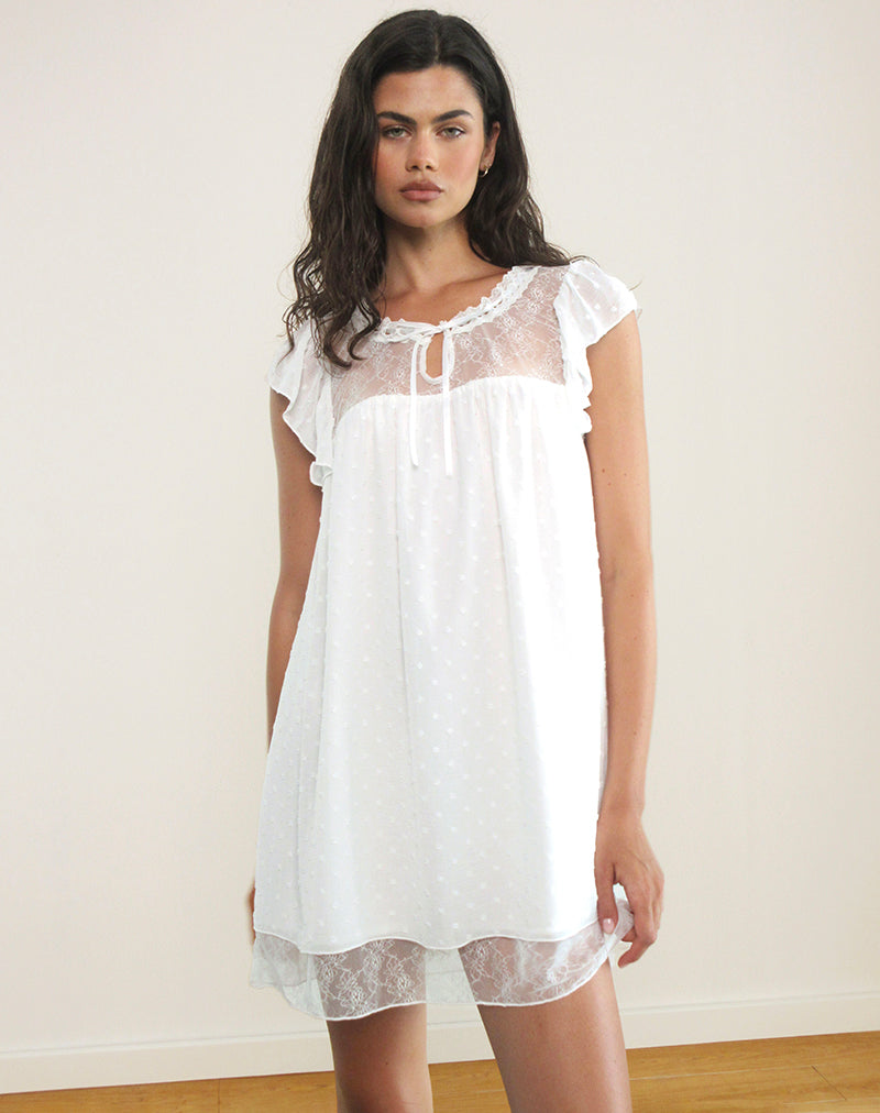 Immagine di Yagis Smock Mini Abito in Chiffon Dobby Bianco Pizzo