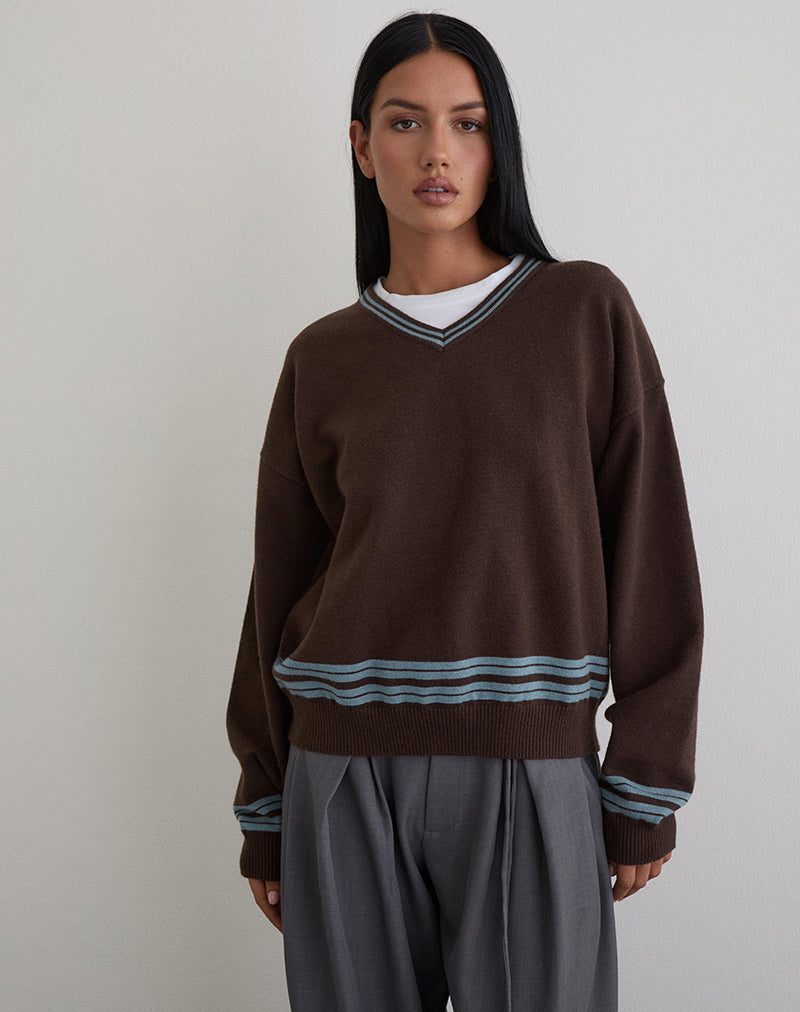 Yarnia Slouchy V-neck Jumper in Brown and Blue