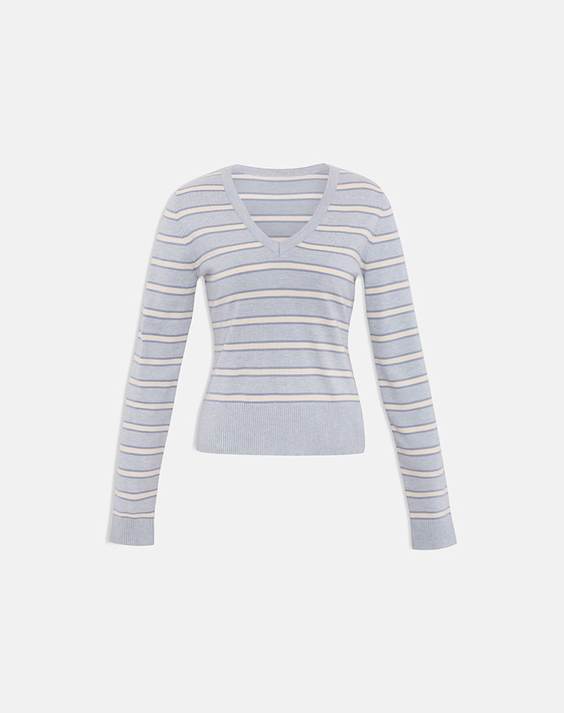 Immagine del maglione Yasra in maglia a righe color crema e grigio