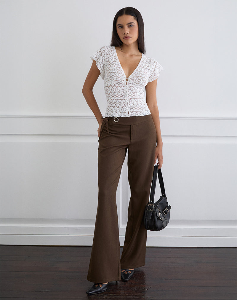 Yeslin Top con scollo a V e bottoni in pizzo bianco