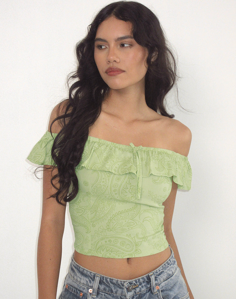 Immagine di Yokai Bardot Top in Retro Paisley Lime