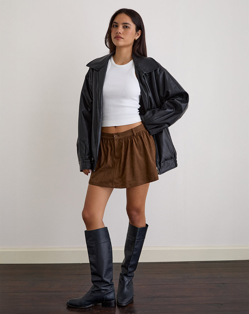 Immagine di Yonca Frill Mini Skort in pelle scamosciata marrone