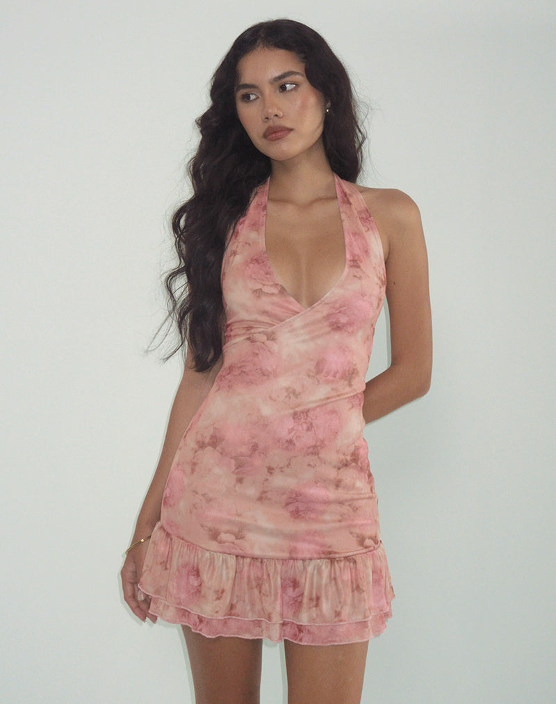 Immagine di Yoriko - Mini abito con scollo a mezzaluna in Smoky Floral Peach