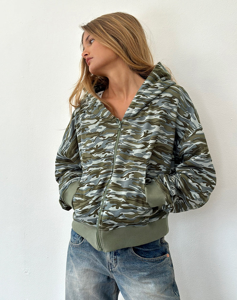 Felpa con cappuccio con zip Yukadi in verde mimetico