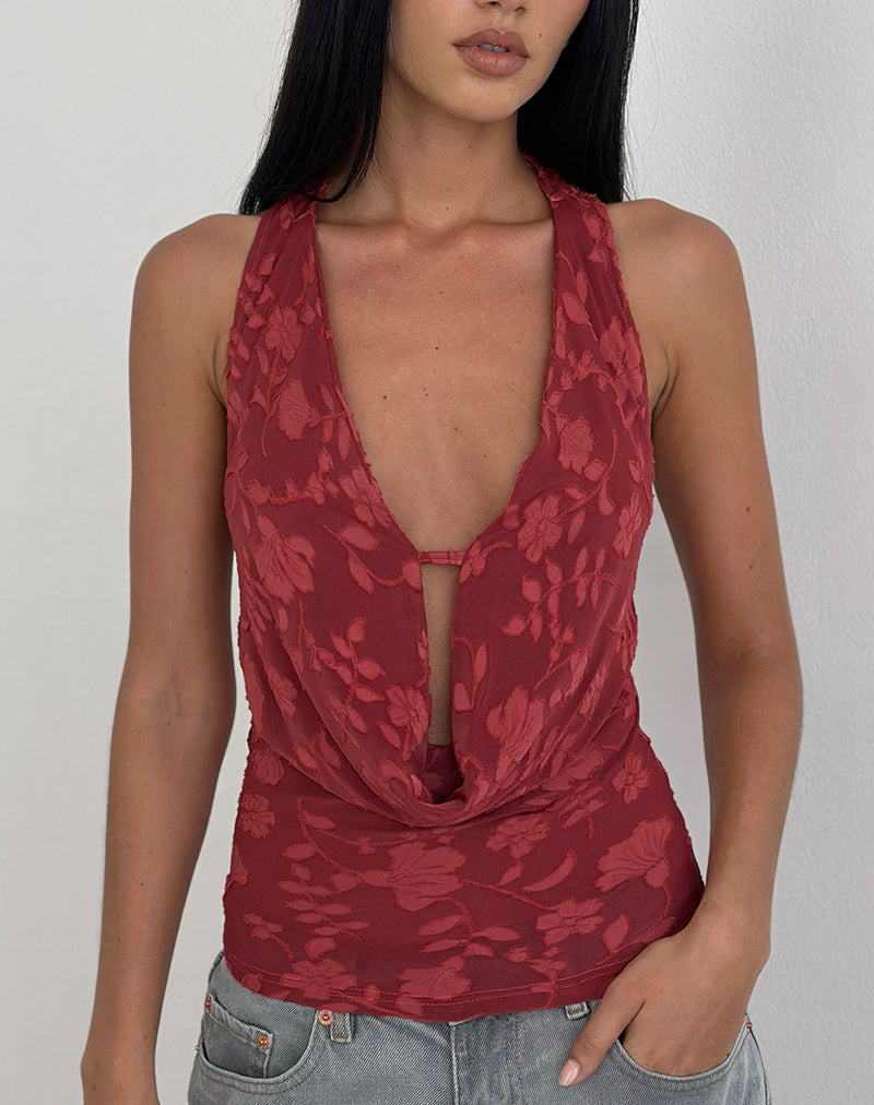 Immagine di Yukari Plunge Top in Burnout Mesh Rosso