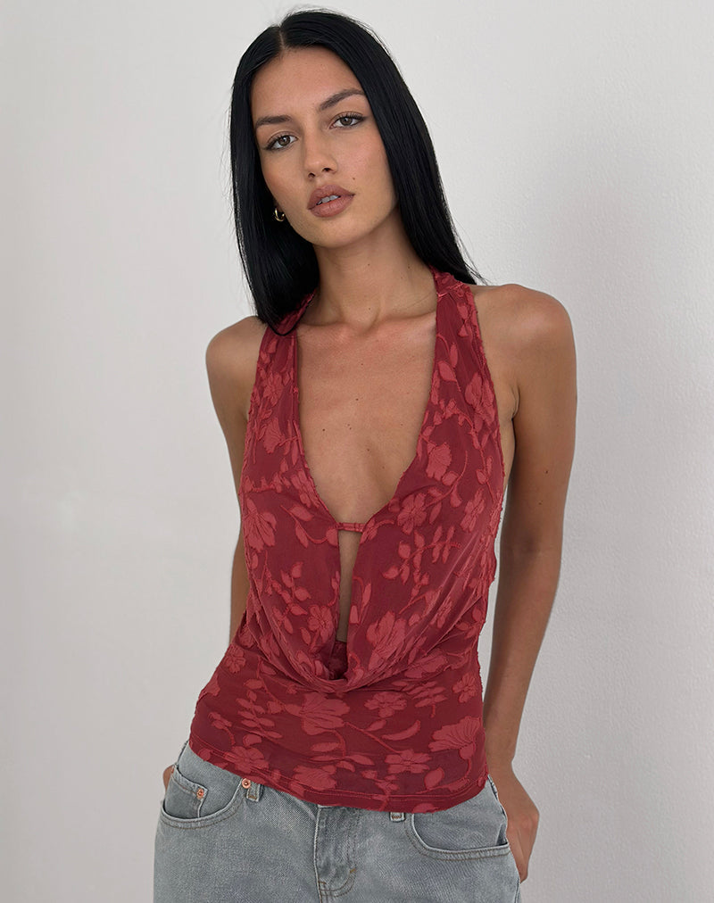 Immagine di Yukari Plunge Top in Burnout Mesh Rosso