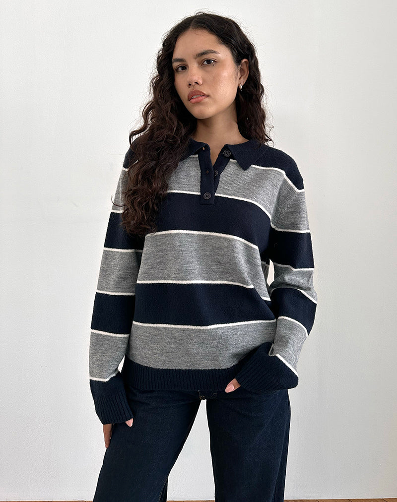 Maglia da rugby oversize Yusnada a righe blu e grigie