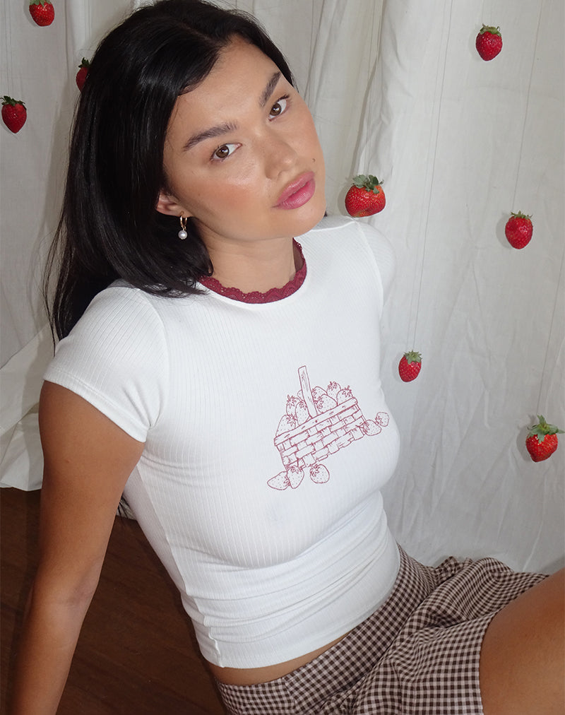 Maglietta Zagy in bianco sporco con stampa di vasi di fragole