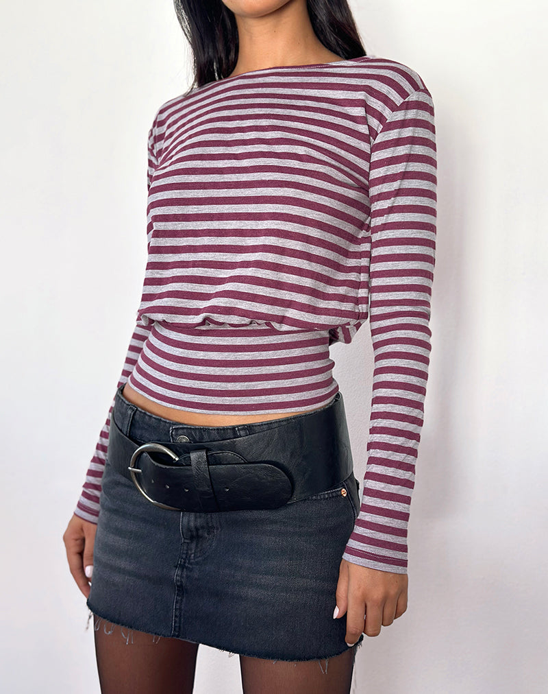 Top a maniche lunghe Zahir a righe bordeaux e grigio