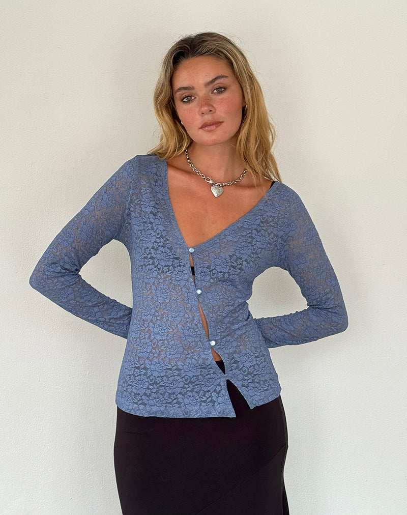 Zatin - Cardigan asimmetrico in pizzo blu chiaro di luna