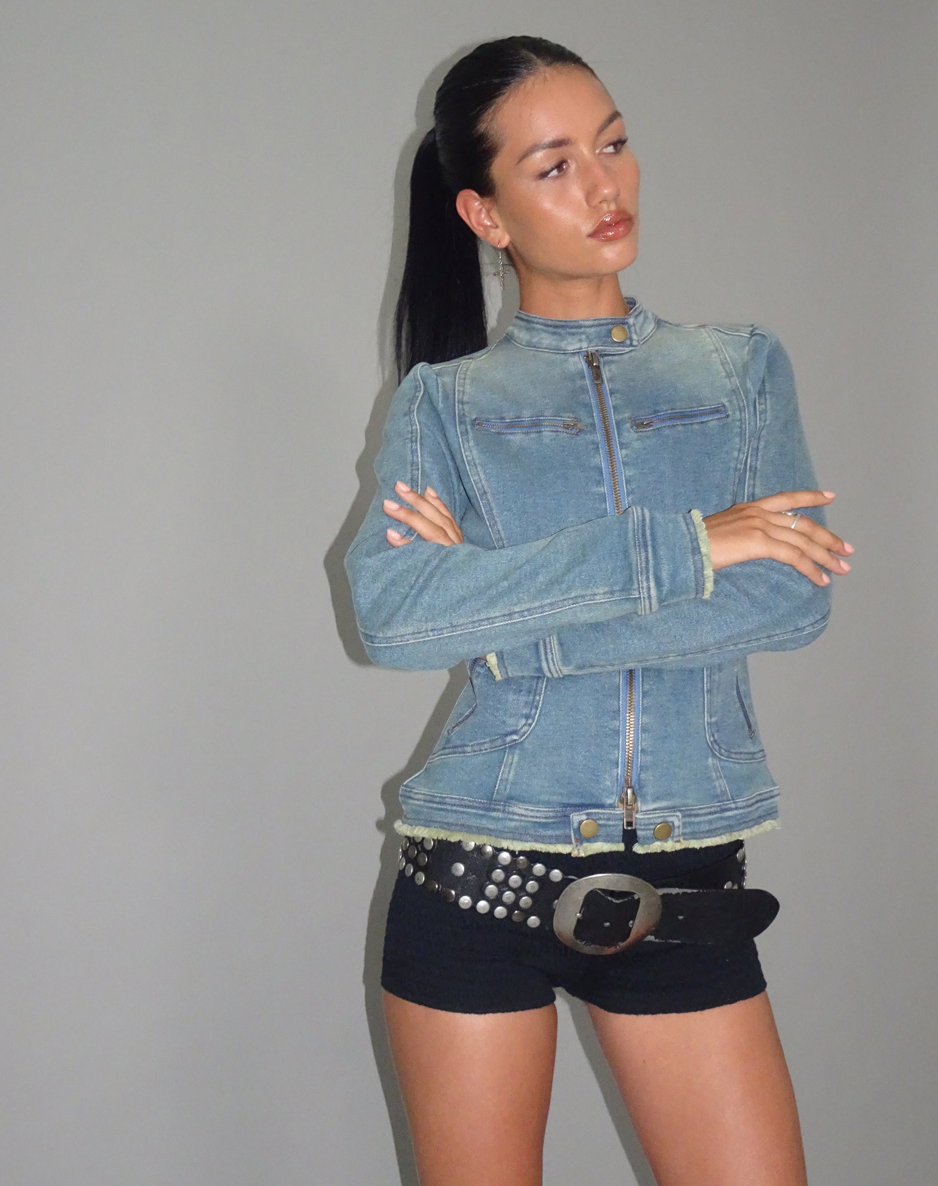 Immagine di Zayn Giacca biker aderente in denim blu vintage