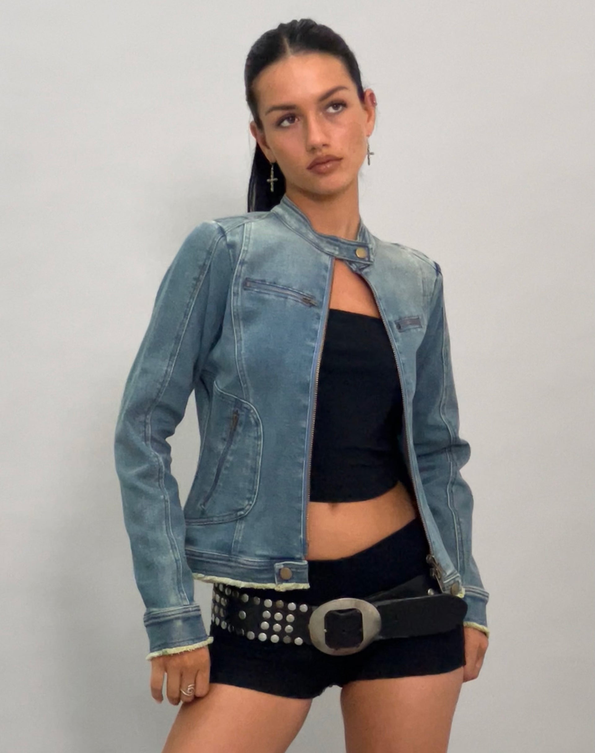 Immagine di Zayn Giacca biker aderente in denim blu vintage