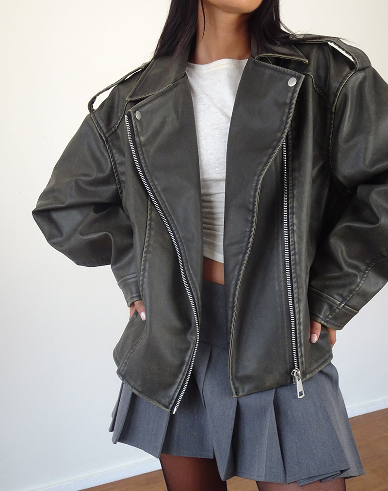 Immagine di Zebbie Distressed Biker Jacket in Olive