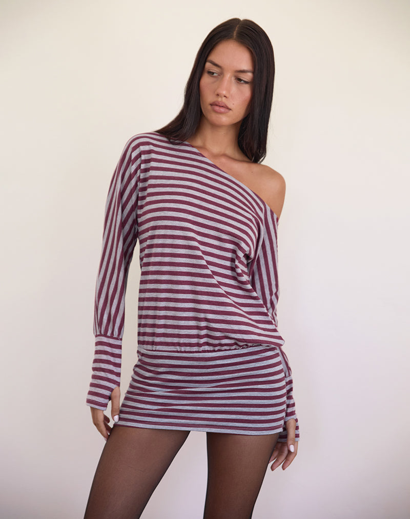 Immagine di Zylina Mini Dress in borgogna e grigio a righe classiche