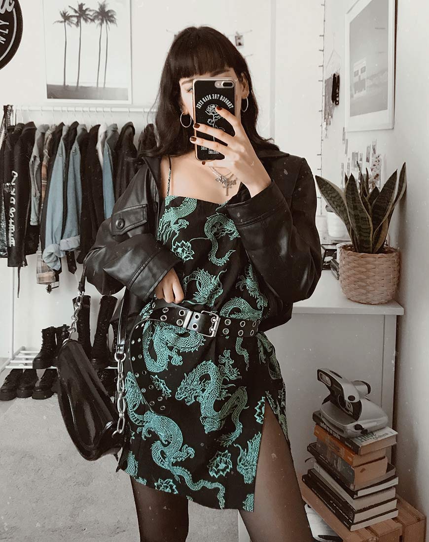 Immagine di Tista Dress in Dragon Flower Nero e Menta