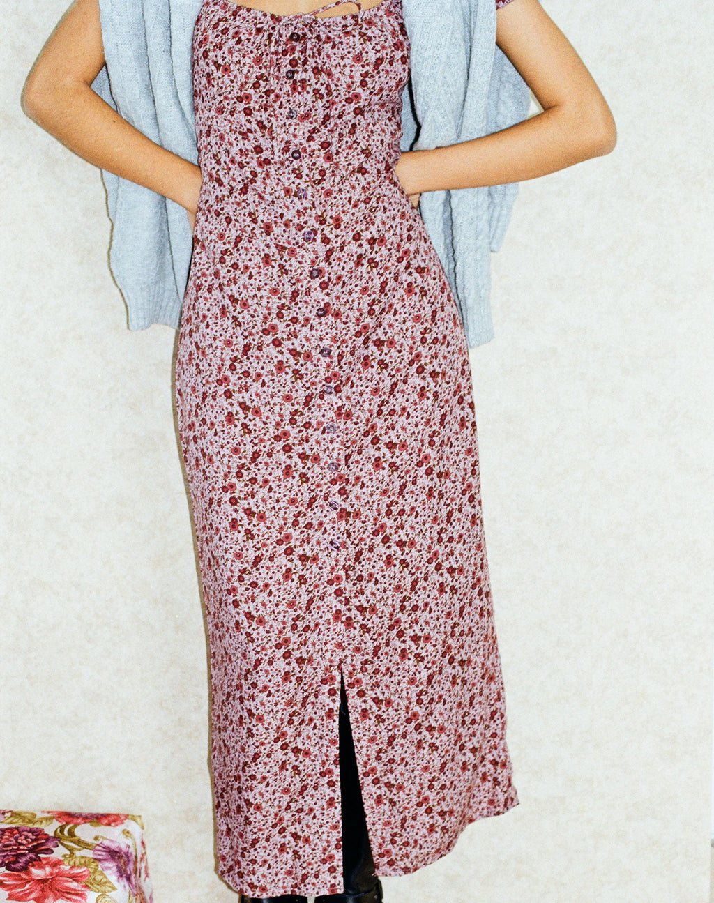 Abito midi Larson in borgogna floreale anni '90
