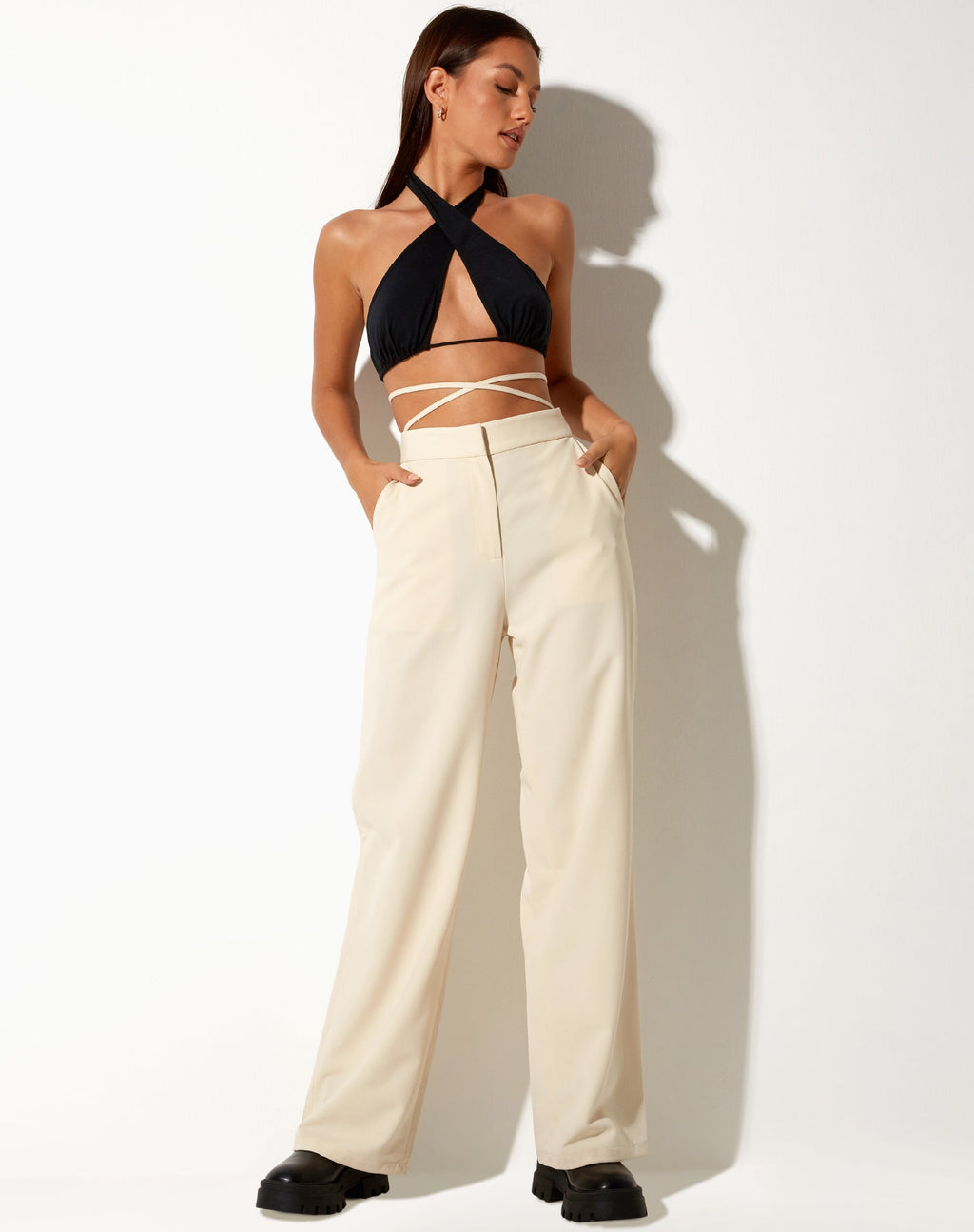 Pantalone Abner a gamba larga in crema sartoriale