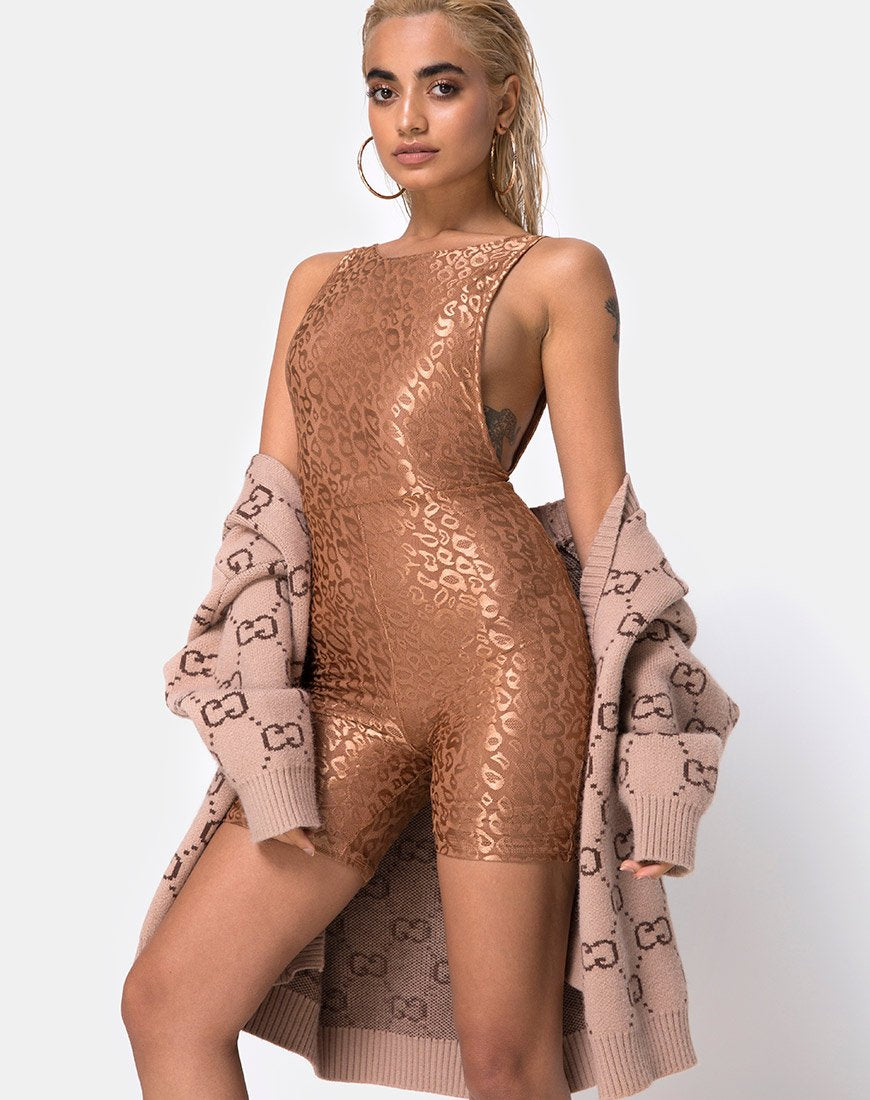 Immagine di Acro Unitard in rete leopardata Caramel