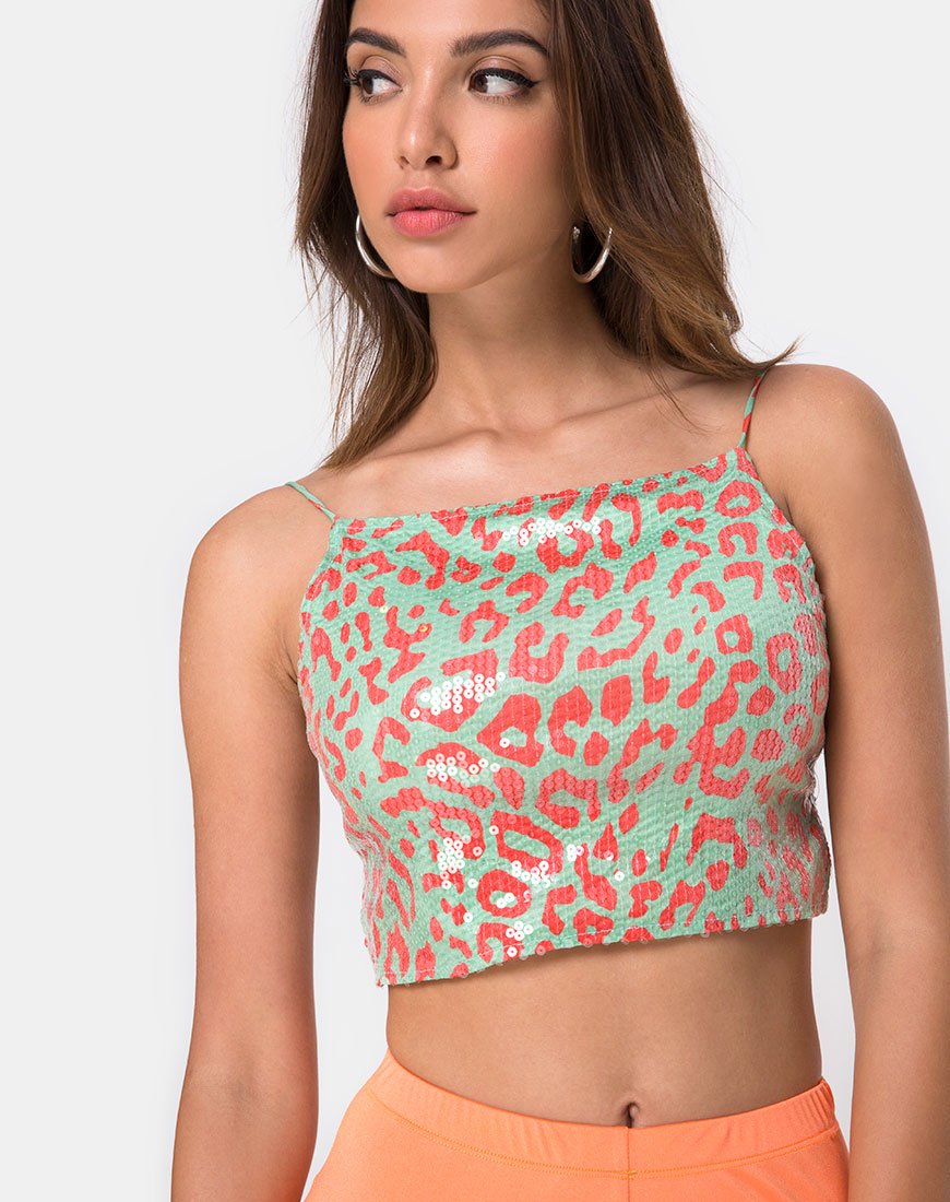 Crop Top Ahena in leopardo fluo con paillettes trasparenti