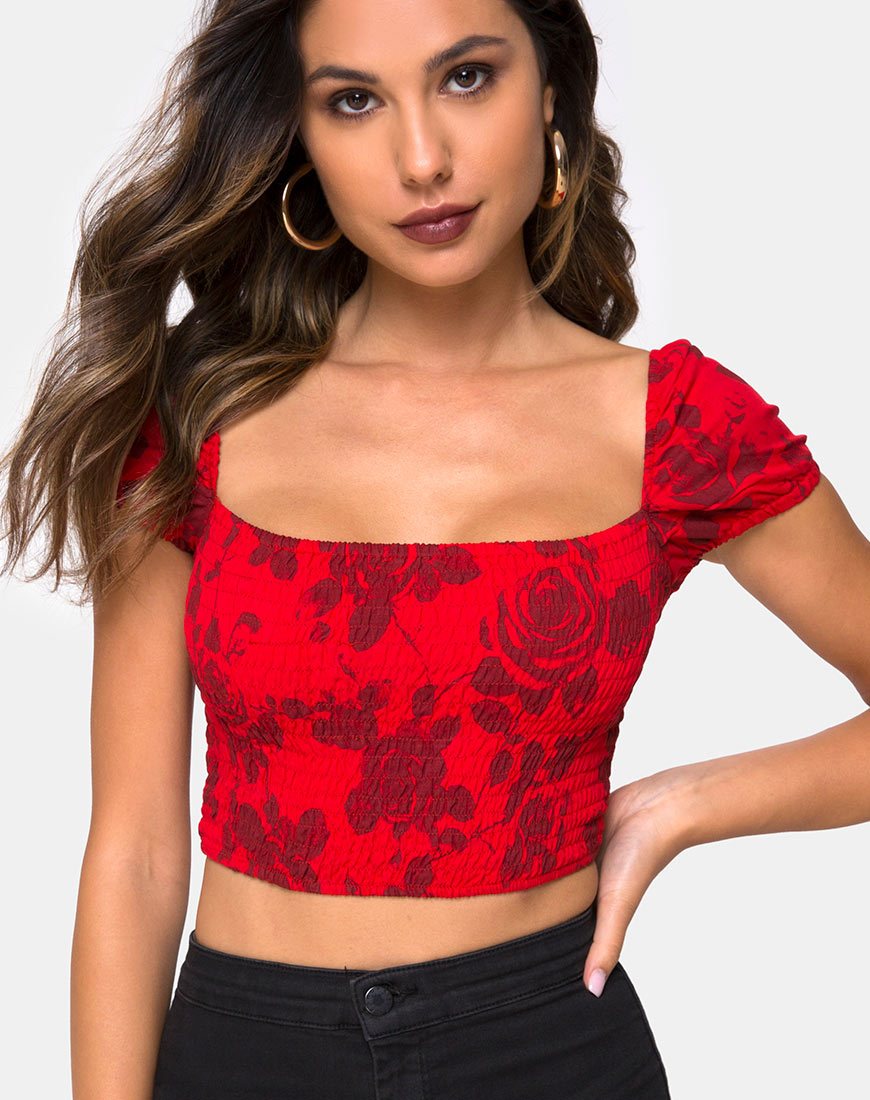 Top Alya in rosso floreale tono su tono
