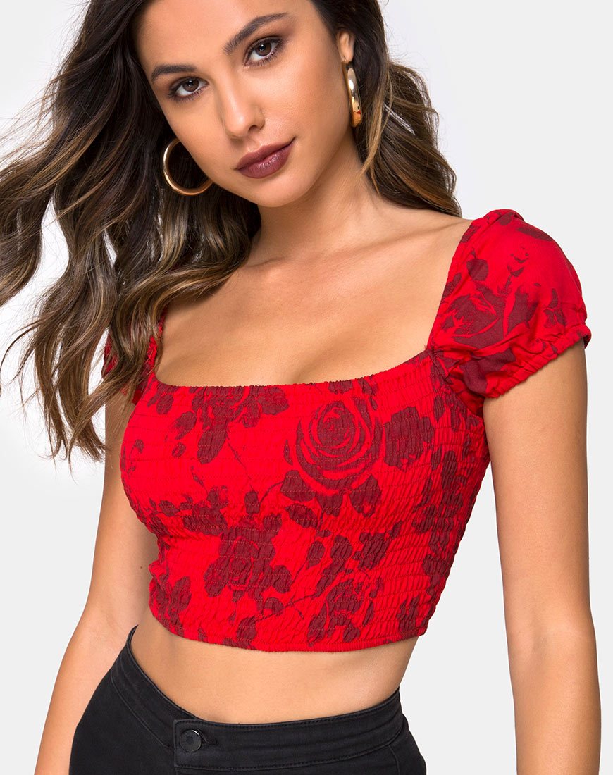 Top Alya in rosso floreale tono su tono