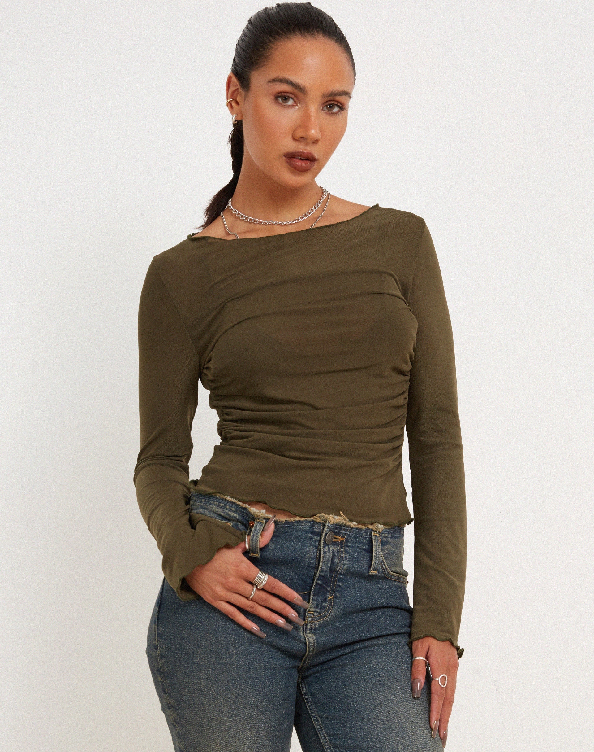 immagine di Armina Mesh Long Sleeve Top in Green Leaf