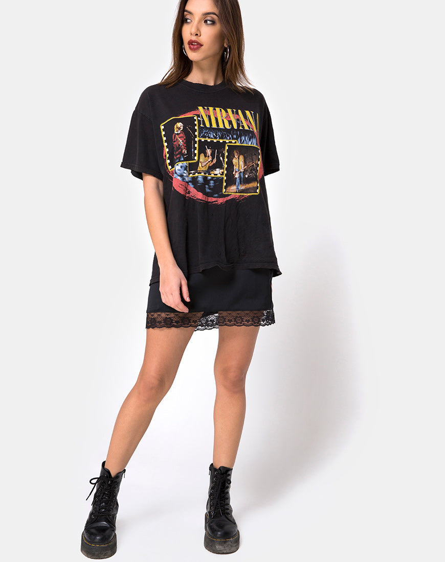 Immagine di Balace Slip Dress in raso nero con pizzo nero