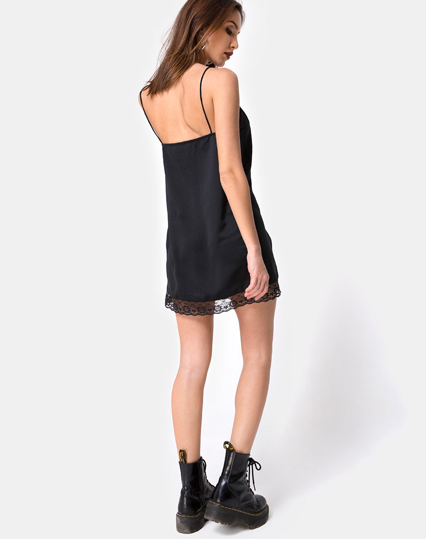 Immagine di Balace Slip Dress in raso nero con pizzo nero