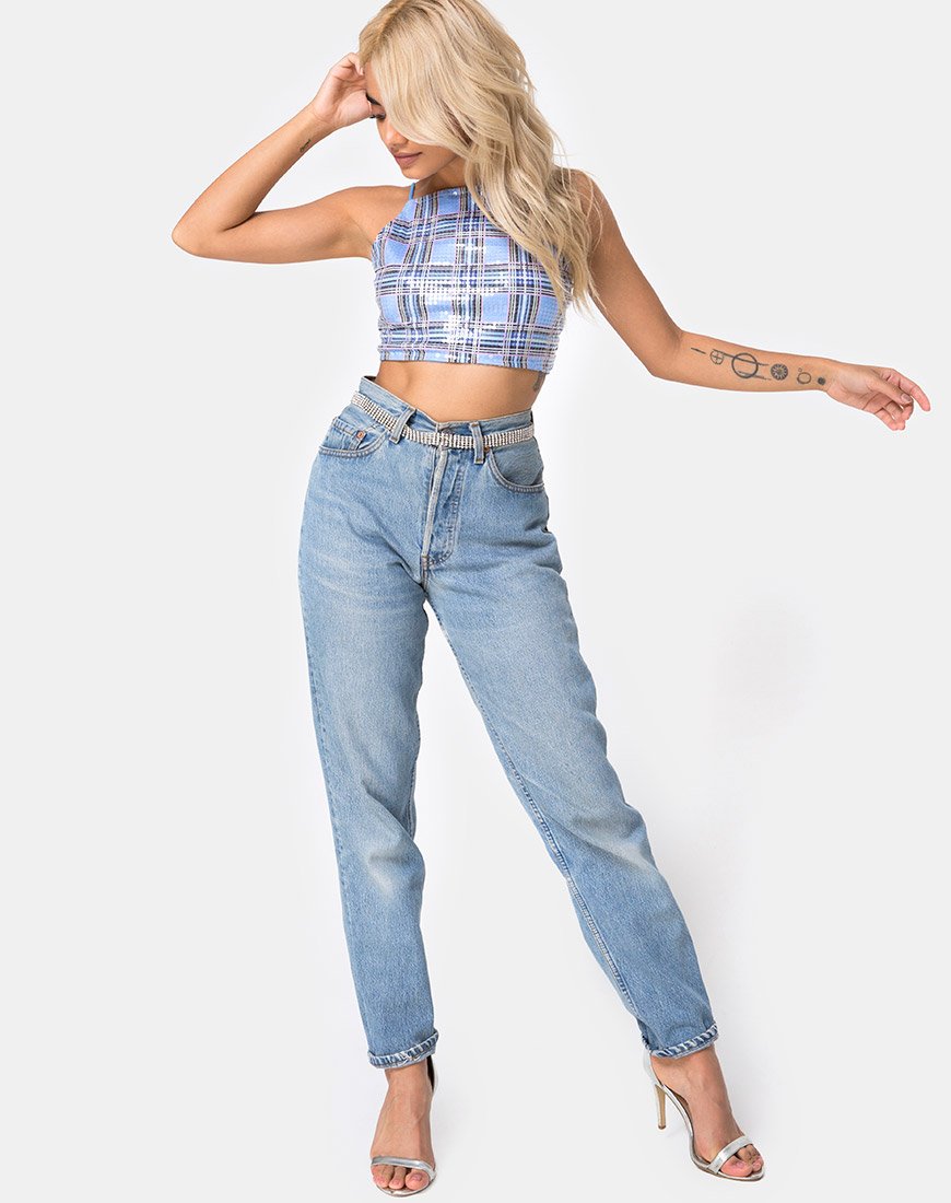Immagine di Barilla Crop Top a quadri anni '90 con paillettes trasparenti