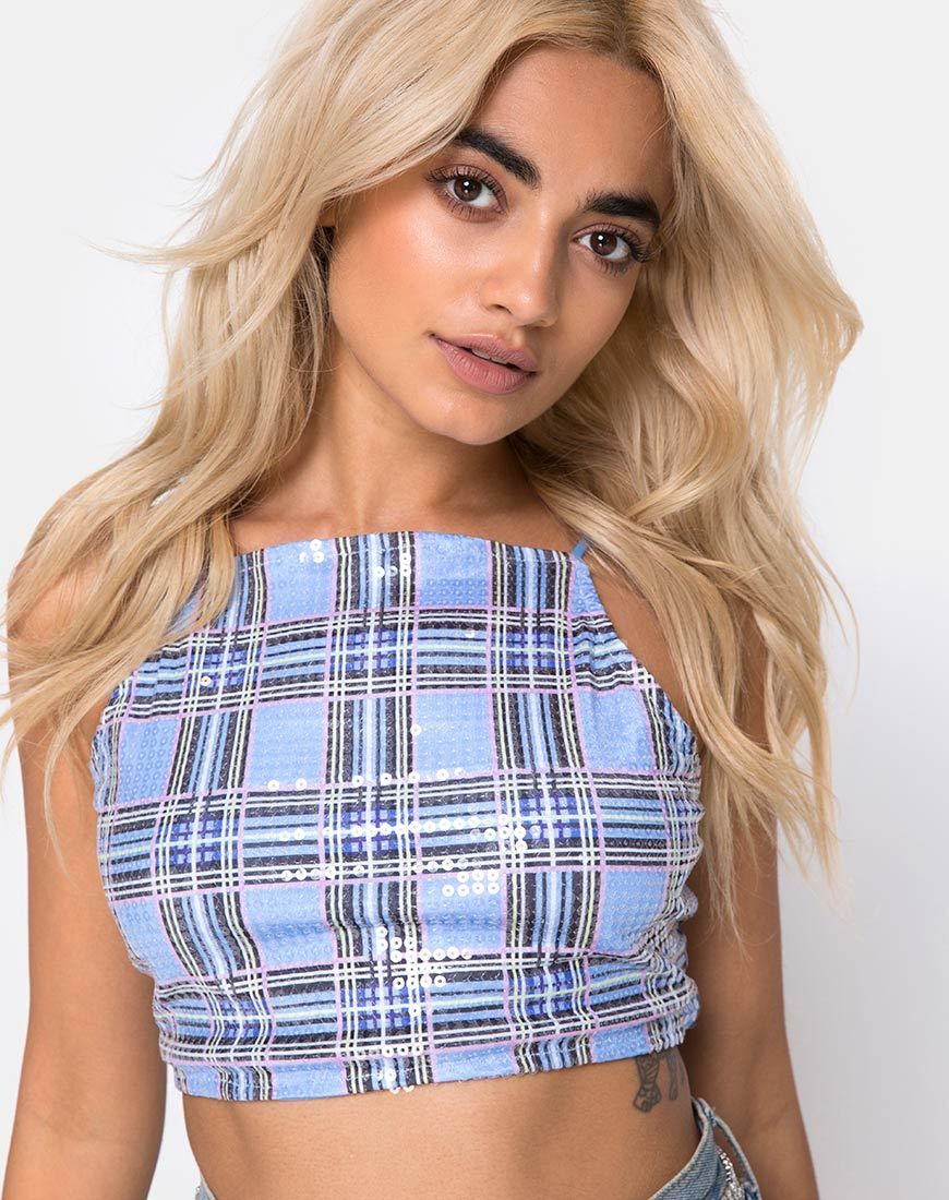 Crop Top Barilla a quadri anni '90 con paillettes trasparenti